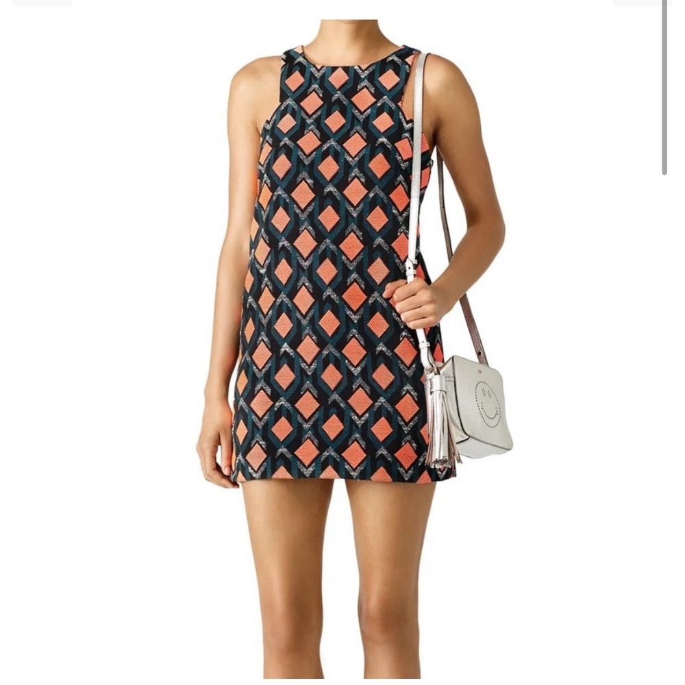 MILLY Angular Diamond Jacquard Geometric Tweed Shift Dress Size 6 Black Coral